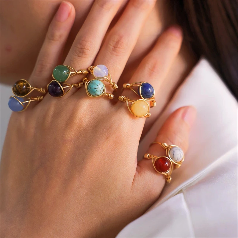 1-piece set of colorful natural bead stone ring, Bohemian seven chakra yoga healing amethyst hematite women\'s holiday gift