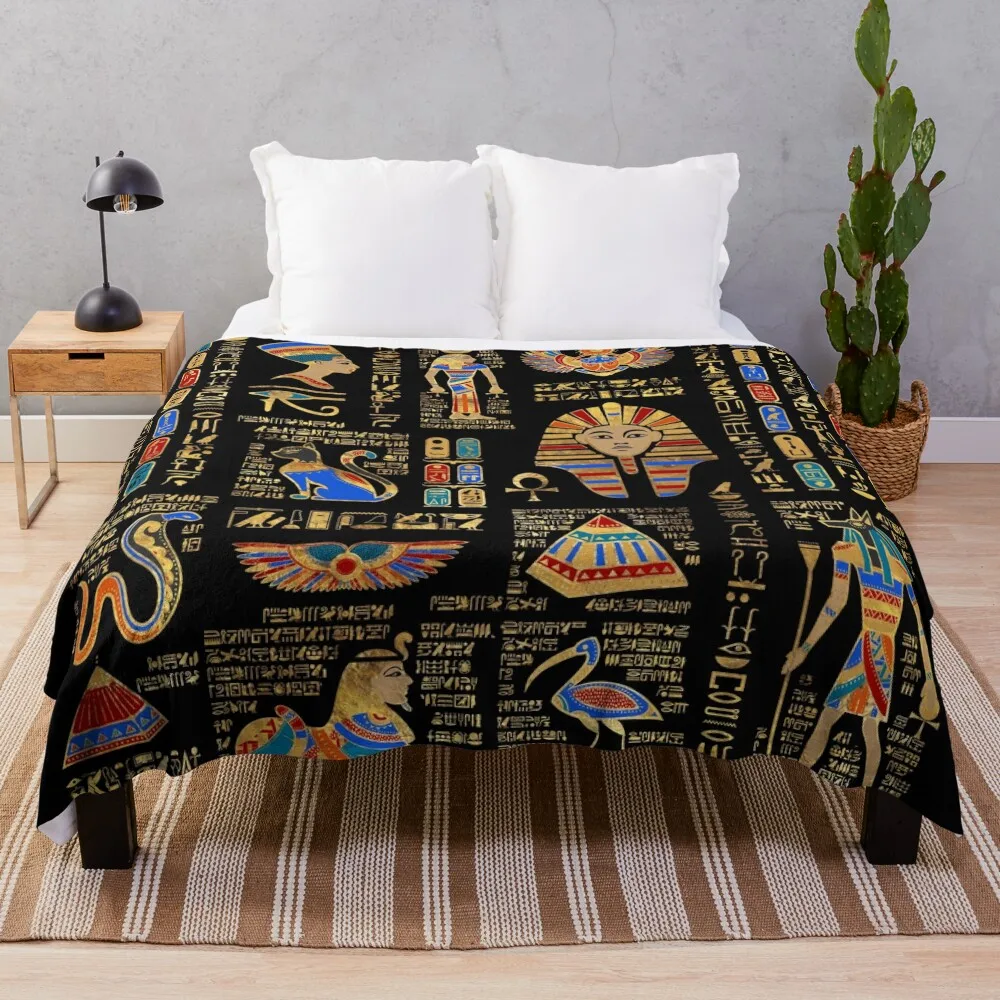 

Egyptian hieroglyphs and deities on black Throw Blanket throw blanket for sofa Single Blanket