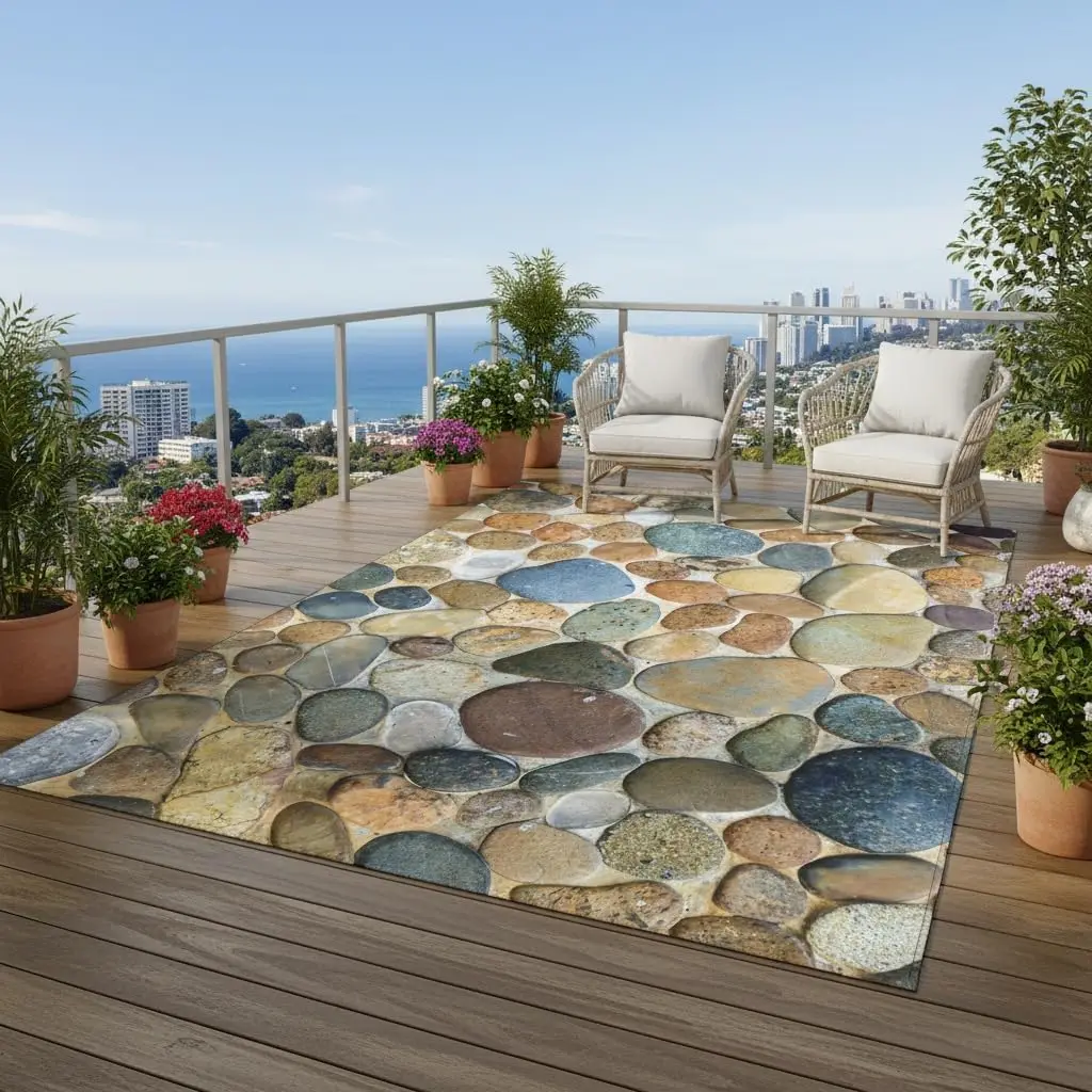 Natural River Rock Stone Rug 3x8 Waterproof Outdoor Rugs Multicolor Pebbles Pattern Weather Resistant Outside Rugs for Deck Pati