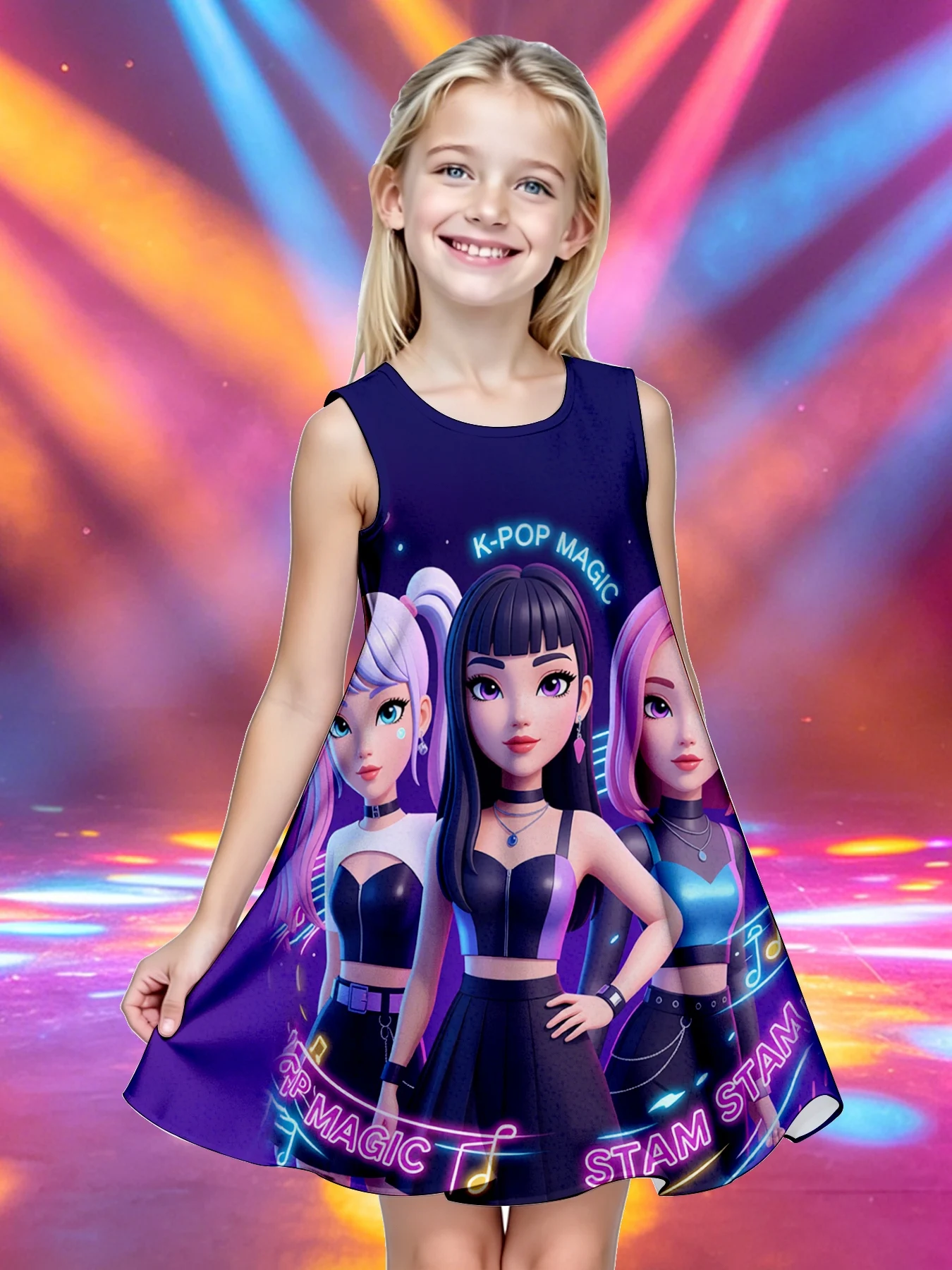 Girls Sleeveless A-line Dress, Dark Blue Magic 3D Cartoon Girl Group Print Swing Skirt, Kids Summer Music Themed Casual Dress
