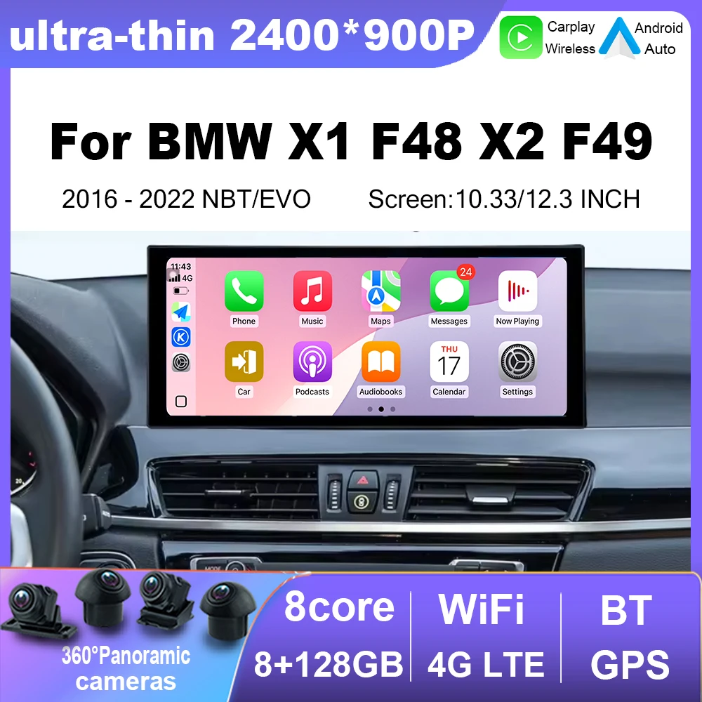 

2400*900P For BMW X1 F48 X2 F49 2016 - 2022 NBT EVO 12.3 Inch Car Multimedia Plyaer Stere Radio WIFI 4G Lte Android Auto Carplay
