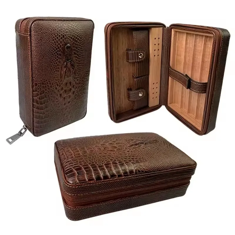 

4-Cigar Tubes Leather Travel Cigar Case, Portable Humidor with Cedar Wood Lining & Stainless Steel Cigar Cutter for Cigar Lovers
