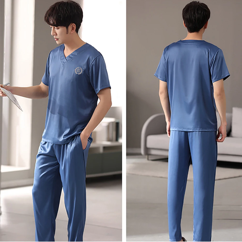 Casual V Neck Solid Silk Satin Pajamas Men's Pijama Sets Summer Breathable Short Sleeve Sleep Tops Sleepwear pijama masculino