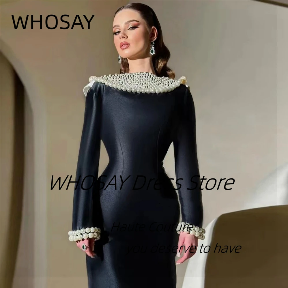 WHOSAY Celebrity Women Wear Black Prom Dresses Big Pearls Long Sleeves Evening Party Gowns Sexy Back Vestidos De Noches