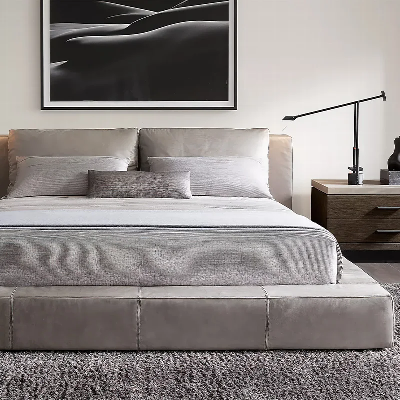 xx-RH CLOUD LEATHER PLATFORM BED, Genuine Leather Upholstery Customizable, Modern Profile Bed Frame, Luxury Bedroom Furniture