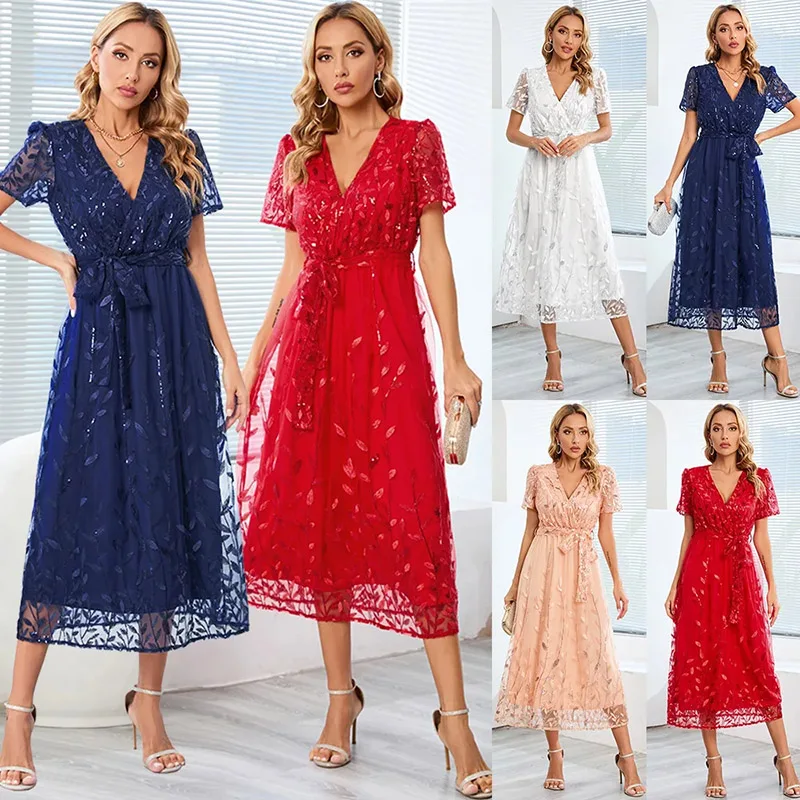 

Vestido Women's Plus-size Embroidered Bright Silk Gauze Dress Skirt Fashion Slim V-neck Long Dress Dresses On Sale Clearance