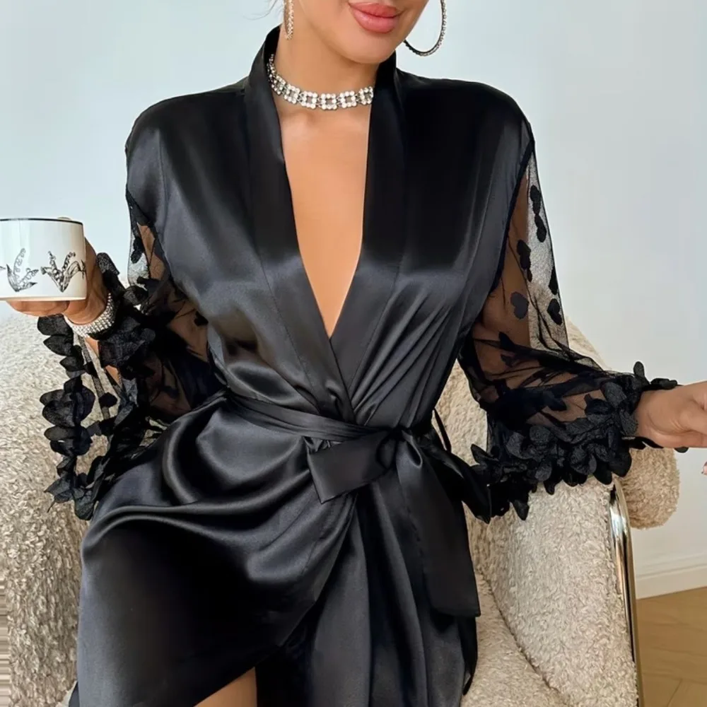 Satin Lace Ruffle Heart Bell Sleeve Pajama Set for Women Cute Jacquard Heart Lounge Wear Sleepwear Homewear with Flared Sleeves