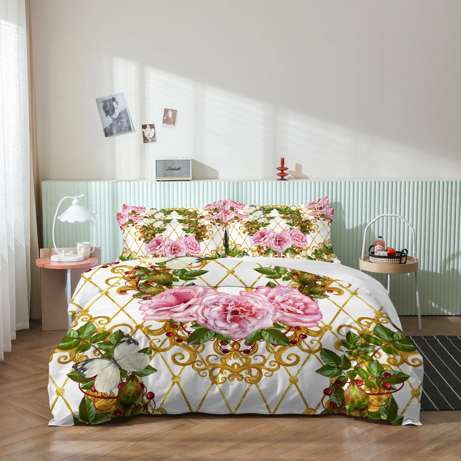  3 Pieces Elegant Golden Lattice Pink Rose Print Duvet Cover Set, Vintage Baroque Flower Butterfly Romantic Pattern Bedding
