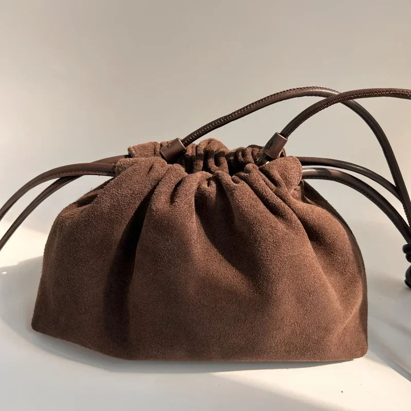 Retro Suede Cowhide Square Bag For Women New Fashion Matte Drawstring Cloud Bag Fashion Single Shoulder Crossbody Bag