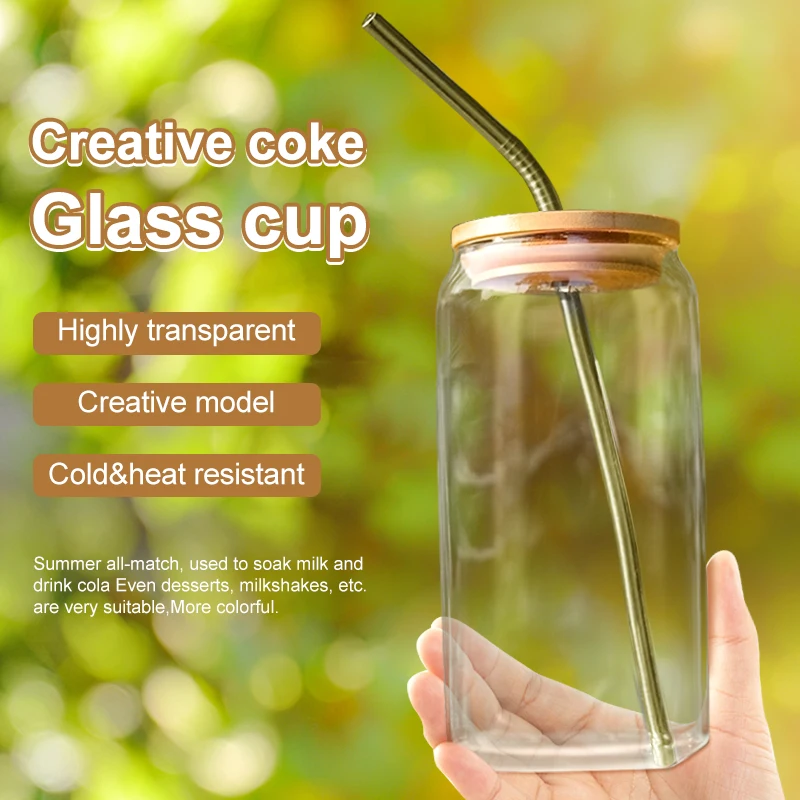 6pcs Set Glass Cup With Lid Transparent Can Shape Glasses Coffee Cups Bubble Tea Cup Beer Glass Can Milk Juice 400/550ML