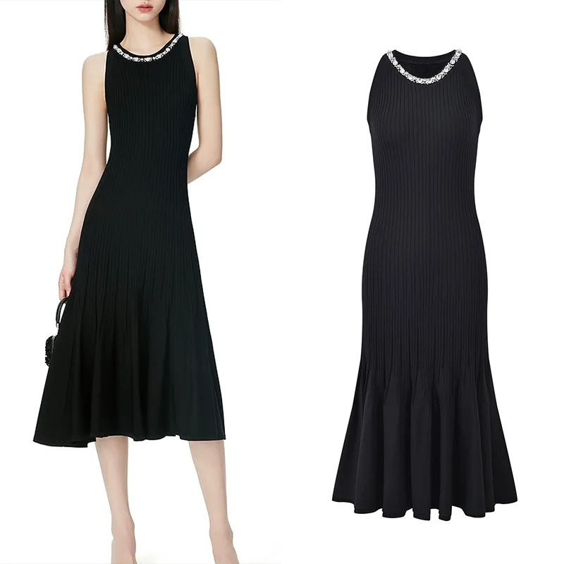 

Celebrity fishtail knitted dress with diamond neckline elegant 2024 new dress