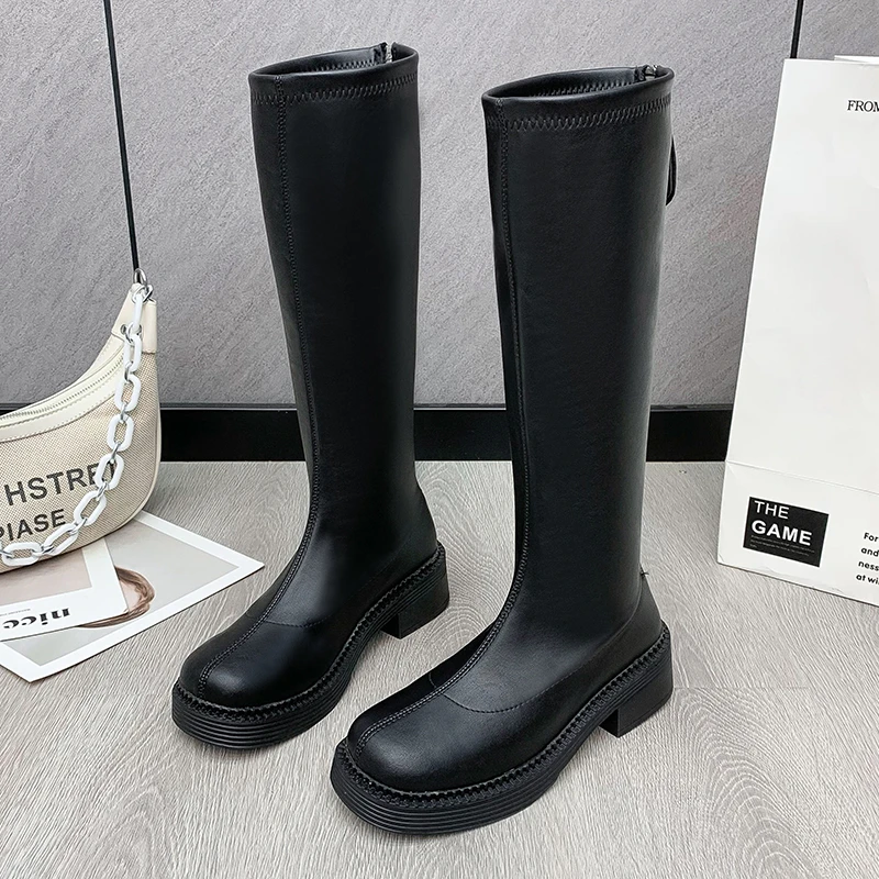 LazySeal Black White Knee Boots Square Toe Autumn Winter Zipper Fashion Women Boots 4.5cm Med Heels Modern Boots Big Size 44