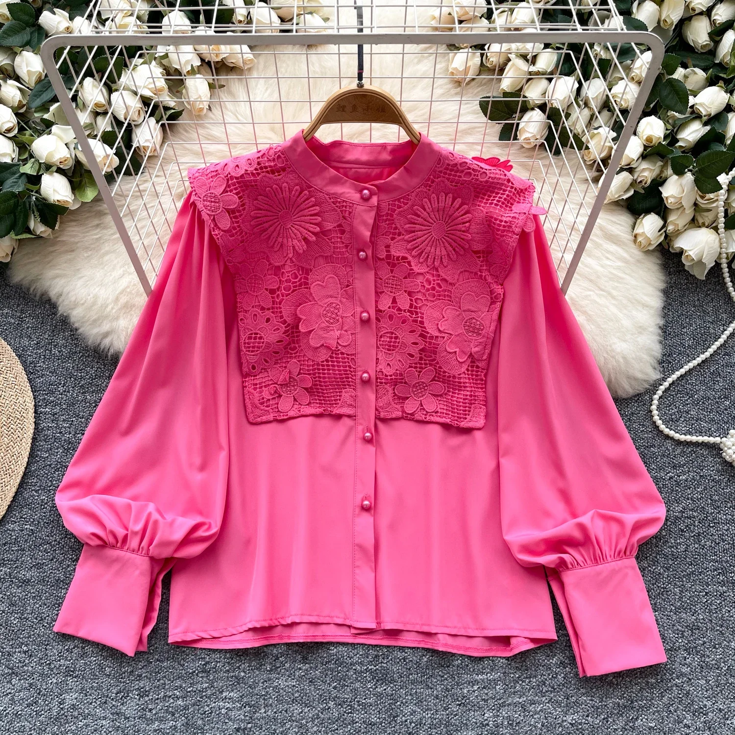 Vintage O-Neck Basics Long Lantern Sleeve Basics Single Breasted Chic Hollow Out Lace Top Office Women High Street Autumn Blouse