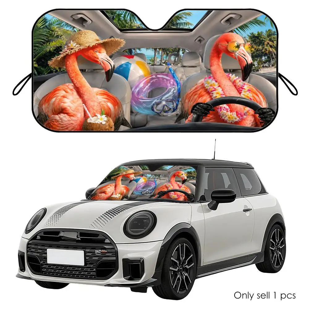 

Flamingo Beach Road Trip Sun Visor Reusable Aluminum Foil Car Windshield Sun Visor UV Heat Insulation Cover Shade