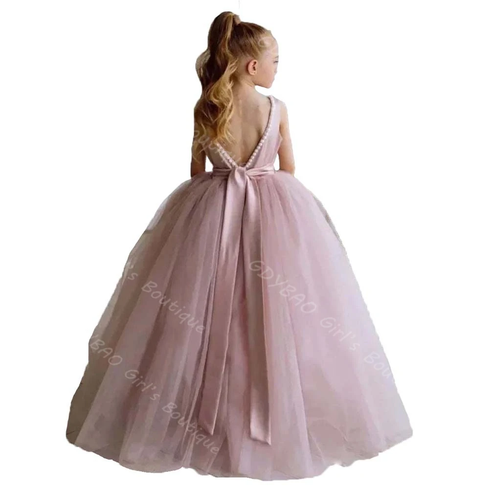 

Pink Flower Girl Dress for Wedding Toddlers Pearl Neck Backless Princess Pageant Dress with Ribbon Kids Custom Party Ball Gown