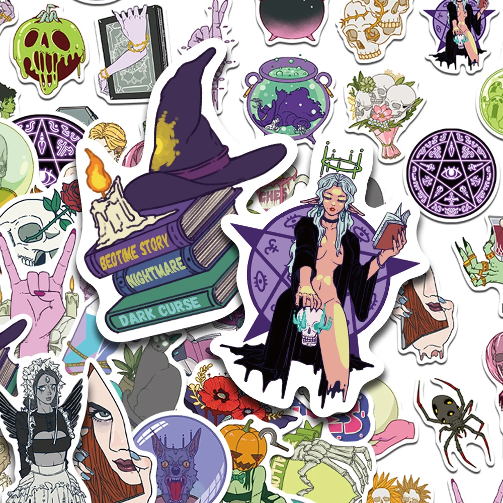 

50pcs Cartoon Witch Skull Stickers Decals For Laptop Scrapbook Suitcase Guitar Helmet DIY Graffiti Stickers Festival Gifts