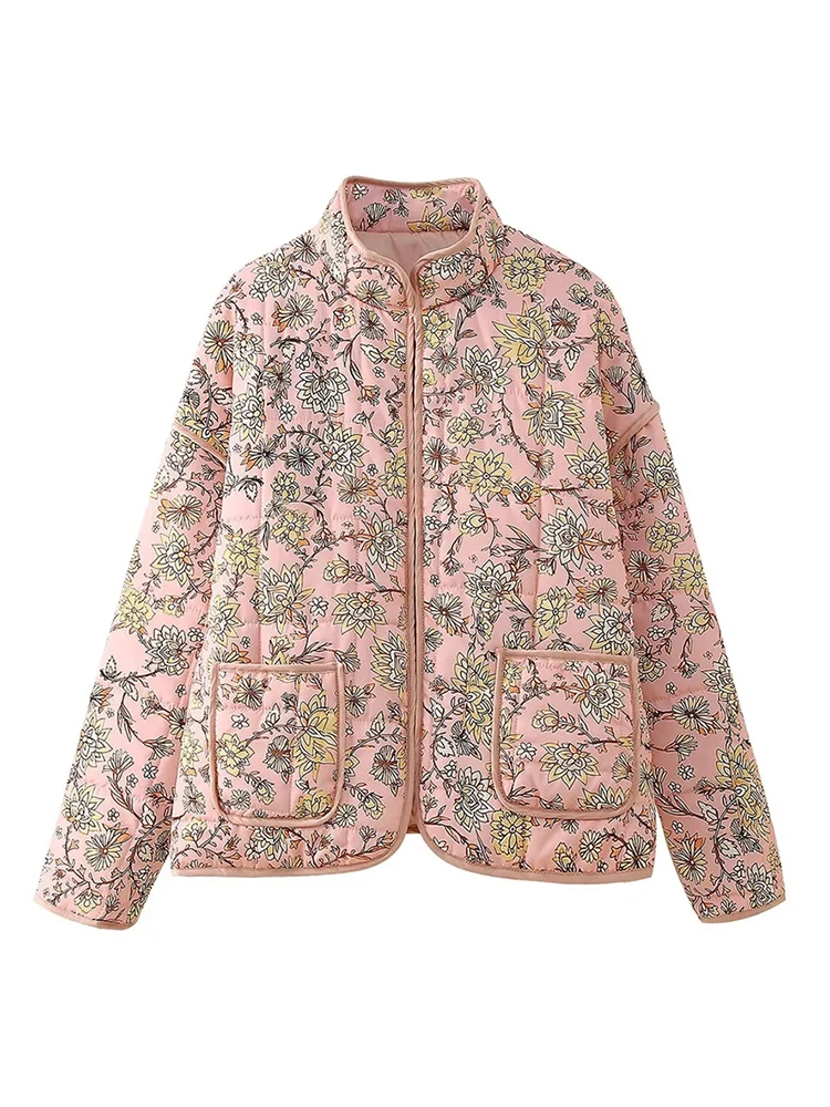 Elegant Flower Print Parkas for Women, Casual Two Pockets, High Collar, Long Sleeve, Loose Jackets, Female Outwear,  Autumn