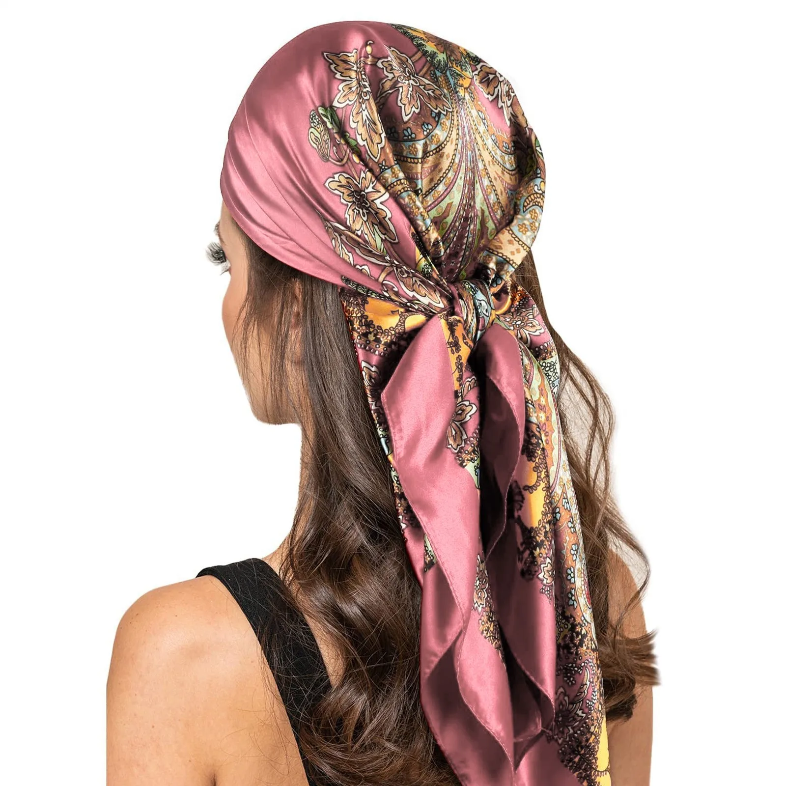 Women Casual Style Head Scarf Lightweight Neck Scarves Hair Bandana Neckerchief Printed Two-Color High-End Design Satin Square