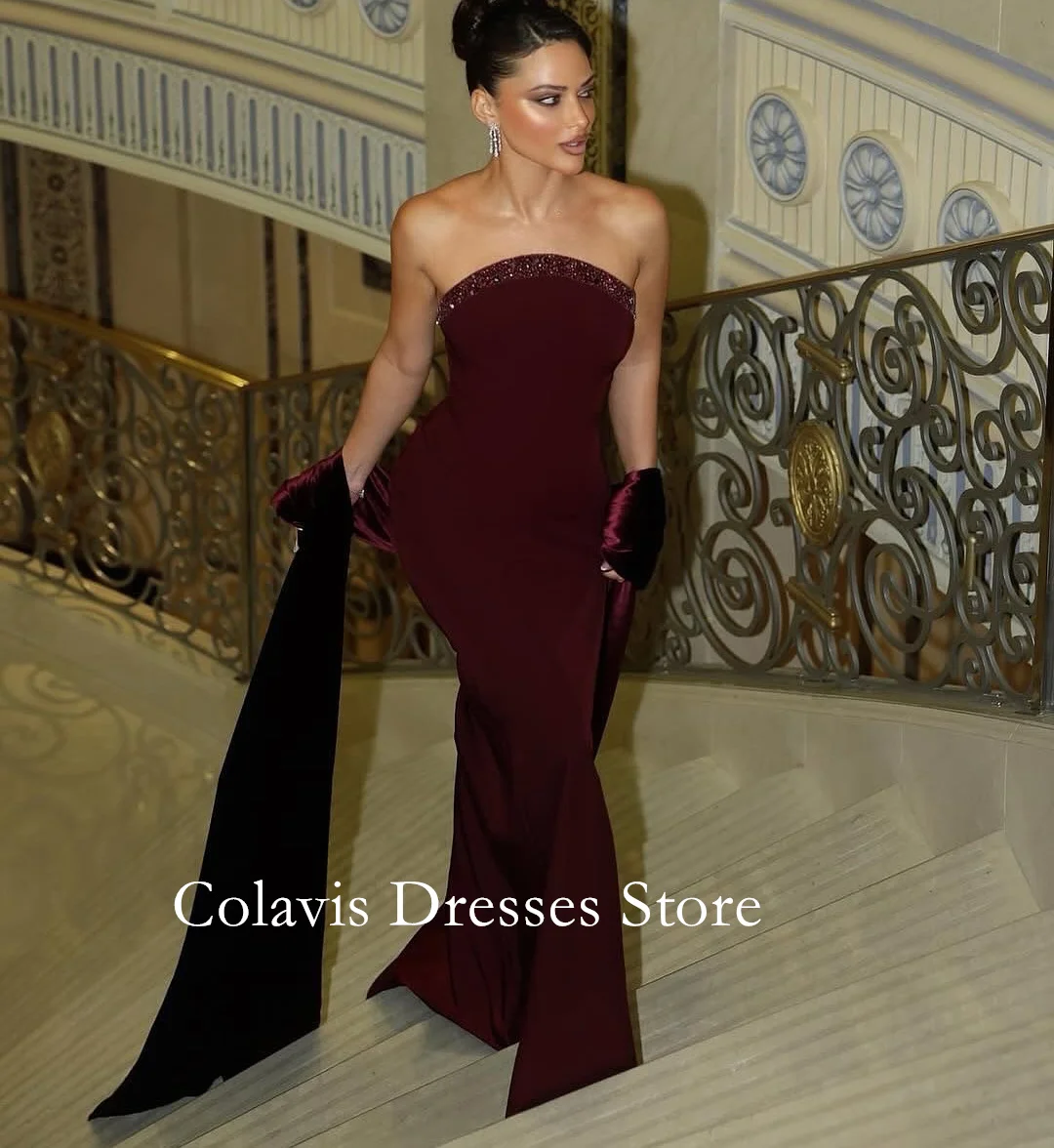 

2025 Customized Strapless Velvet Dark Red Beading Mermaid Prom Dresses Evening Dress Women Evening Gowns Formal Party Dress