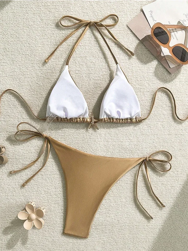 Vzvn Sexy Lace Up Khaki Bikini Women Split Swimsuit Beach Brazil Bikini 2026 New All Season Backless Vacation Bikini 2 Piece Set