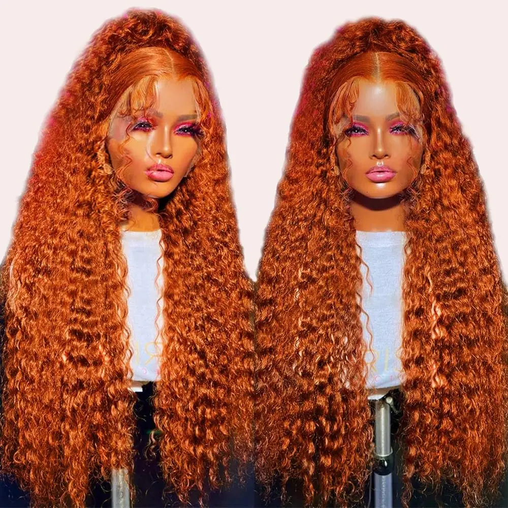 

13*6 Deep Wave HD Transparent Lace front Wigs Human Hair for Women 180% Density Orange Ginger Deep Curly Wig Bleached Knots 350#