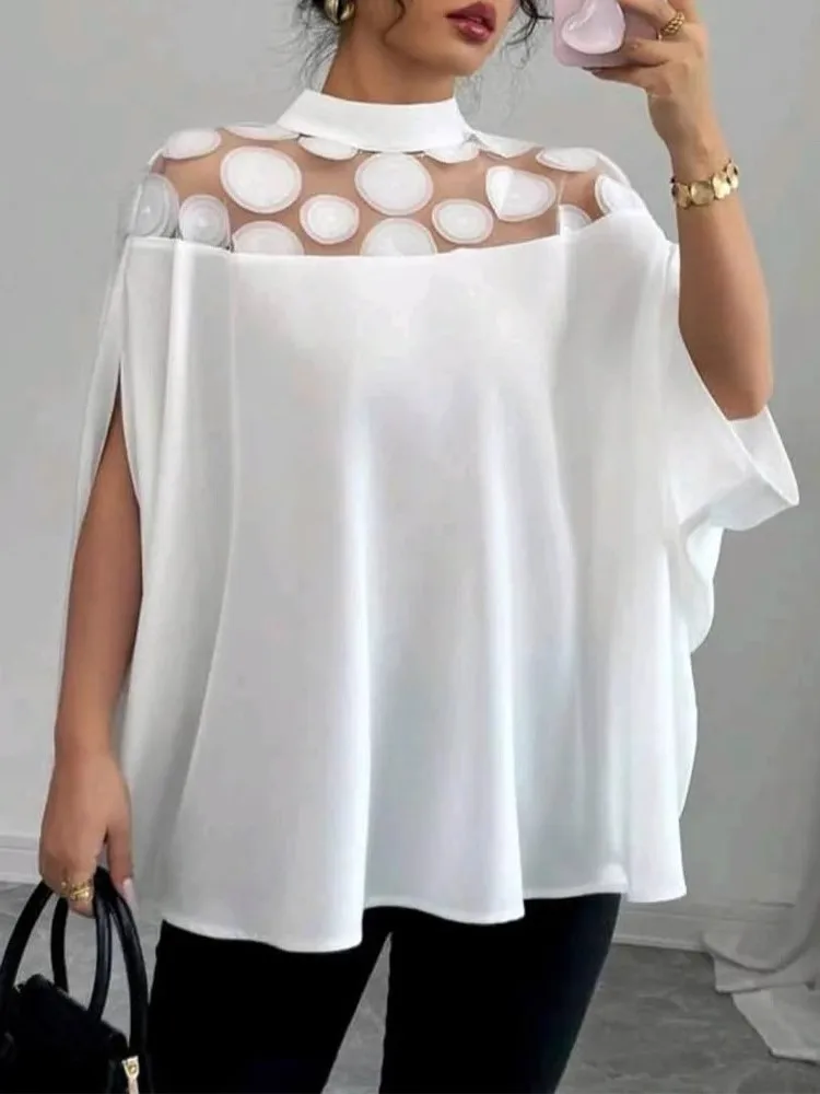 Elegant O-neck Bat Short Sleeve Top For Women Fashion Spring Autumn Solid Color Mesh Off-shoulder Chic Loose Casual Top Female