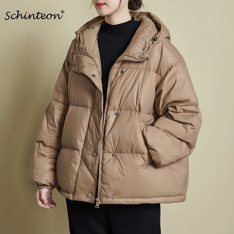 Schinteon Women 90% White Duck Down Jacket Loose Casual Over Size Winter Warm Thick Outwear High Quality with Hood Coat 2023 New