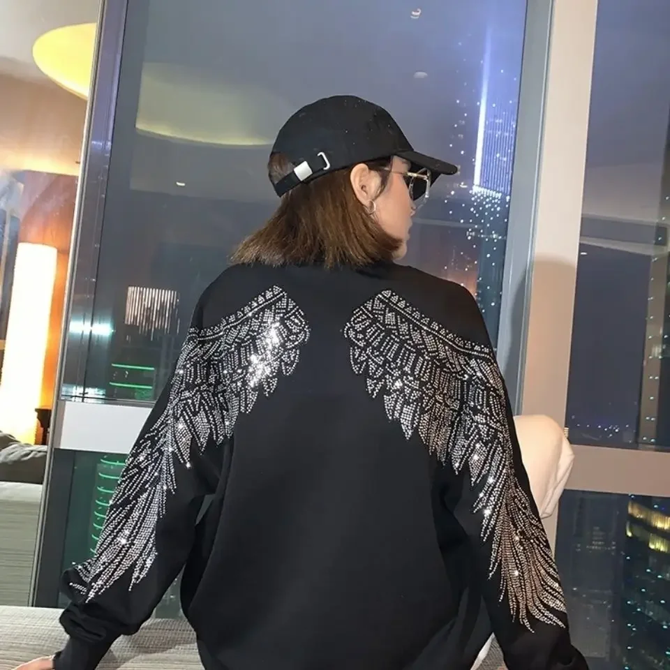 Tees Graphic Glitter Female Tops Loose Tshirts Rhinestone Hoodies Women's T Shirts Black Clothes Sequin Aesthetic Pulovers Goth