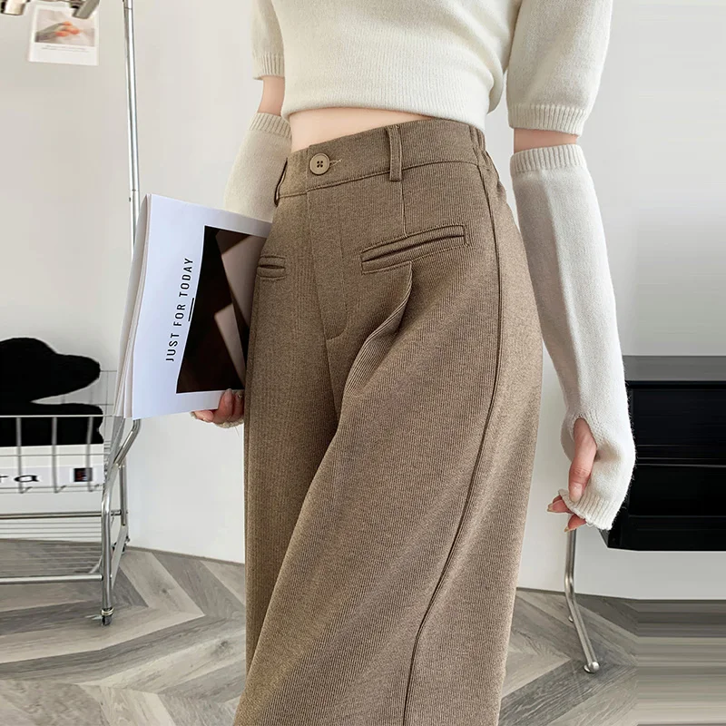 

Autumn and winter woolen high waisted wide leg pants for women's new straight tube loose drape thickened casual floor mop pants