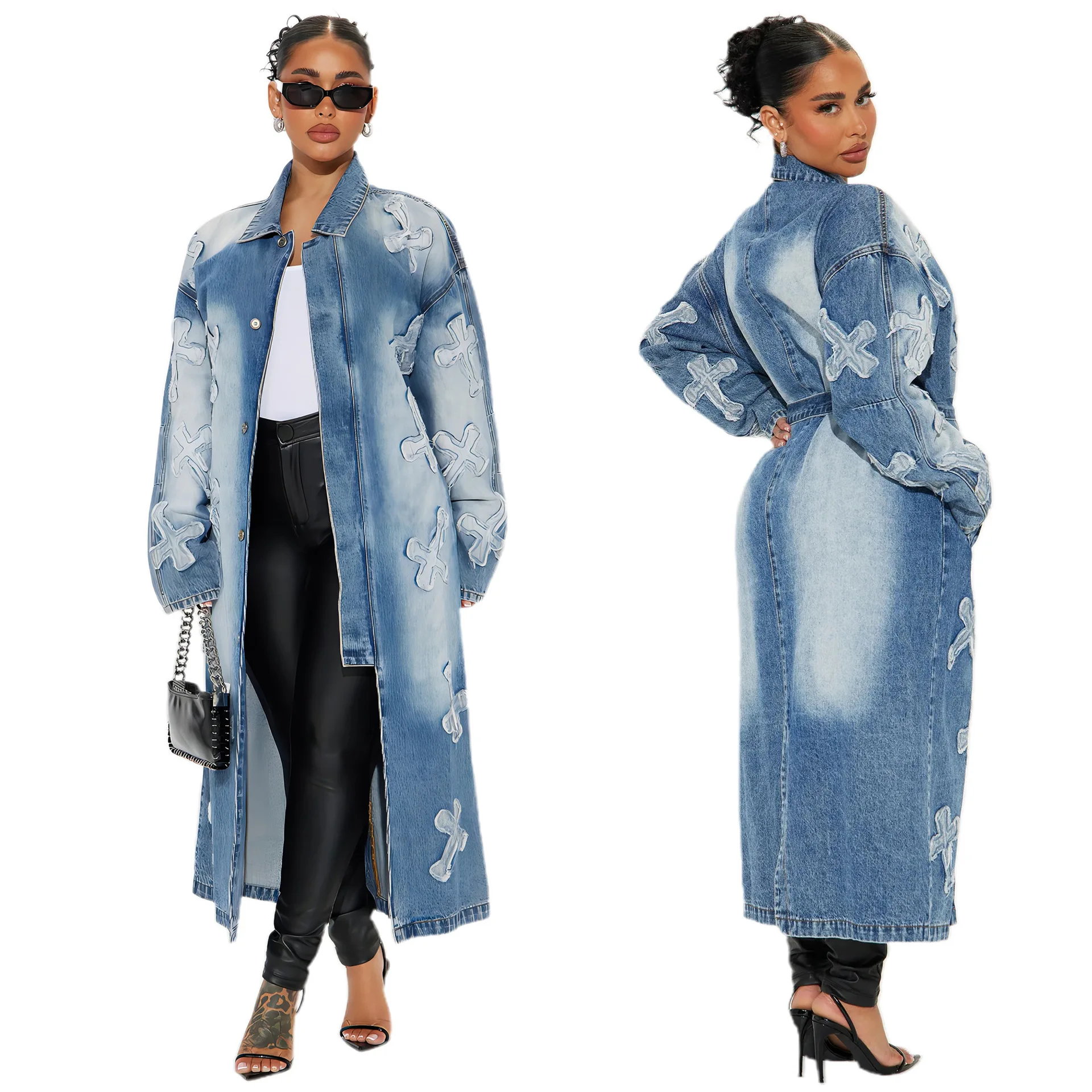 

Women'S Coat Autumn Winter Fashion Long Trench Denim Coat Streetwear Lady Casual Loose Embroidery Lace-Up Denim Jean Jackets