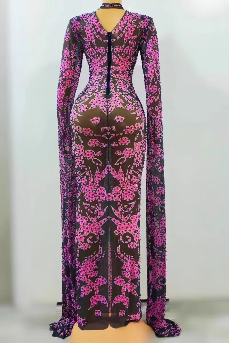 الموضة الراقية الياقة المدورة متعدد الألوان حجر الراين بأكمام طويلة شبكة سوداء فستان أنيق Vestidos Elegantes Para Bodas Invitados