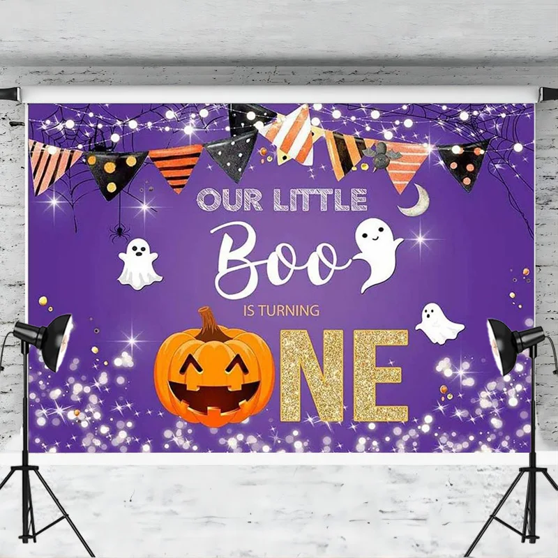 Little Boo 1st Birthday Party Backdrop Halloween Ghost One Year Background for Baby Night Pumpkin Cake Table Decorstion Banner