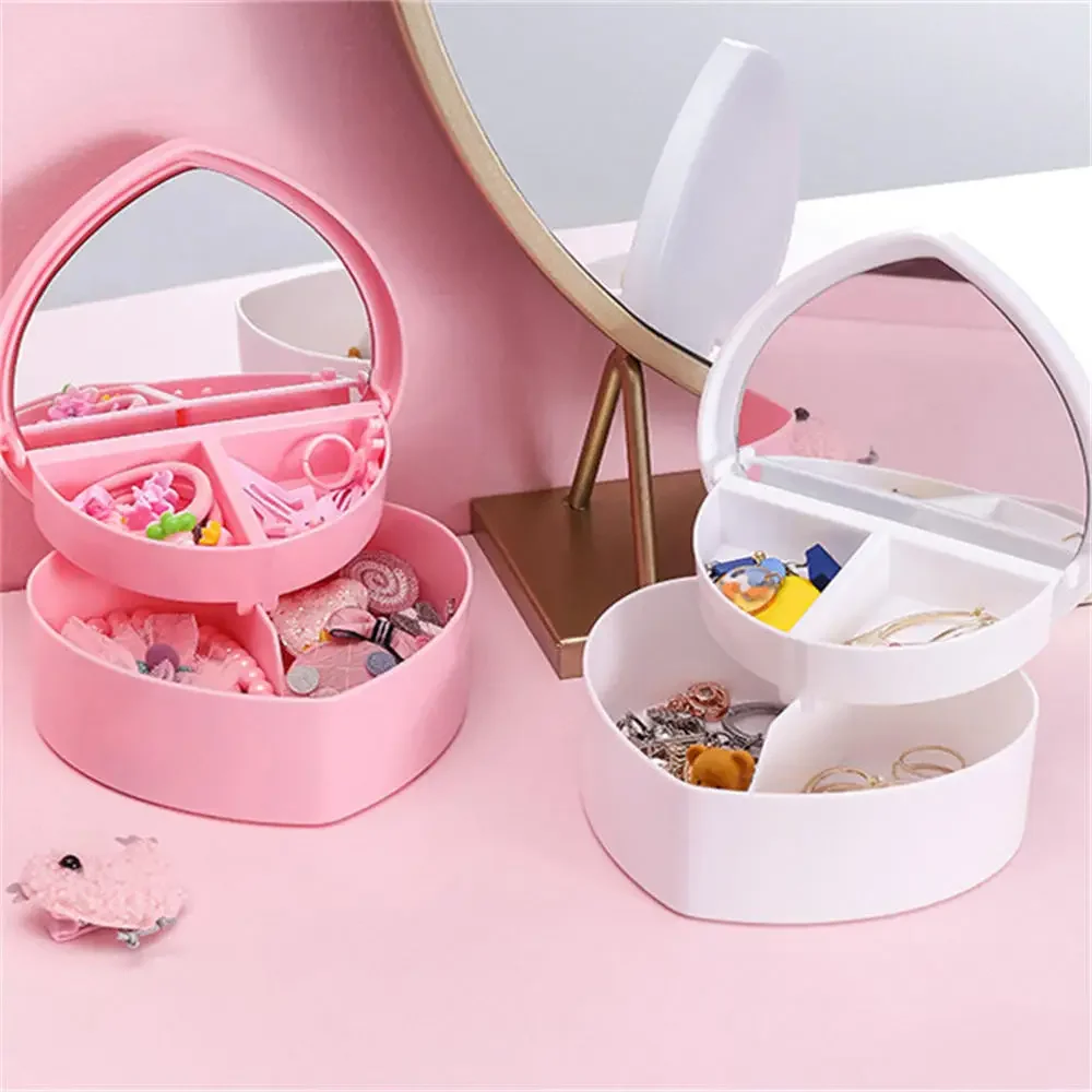 Heart Shape Jewelry Box Makeup Organizer with Mirror Girl Cute Plastic Box Make Up Storage Container Jewelry Tool