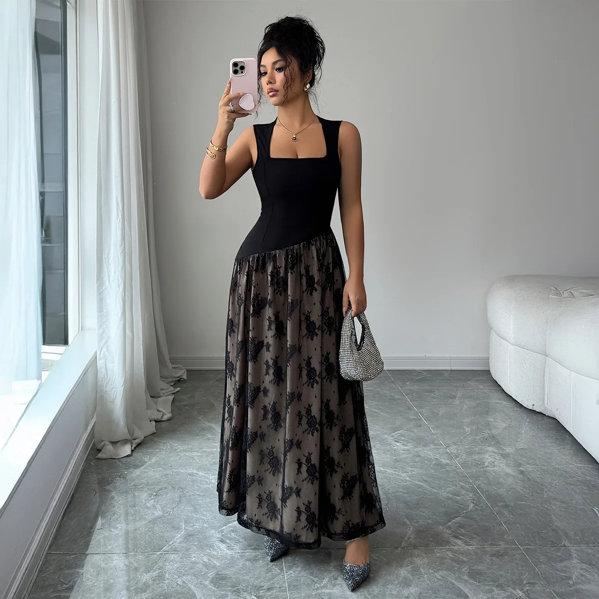 

Women's Black Square Neck Maxi Dress Sleeveless Contrast Floral Lace Skirt Ruched Waist Formal Evening Party Wedding Guest Gown
