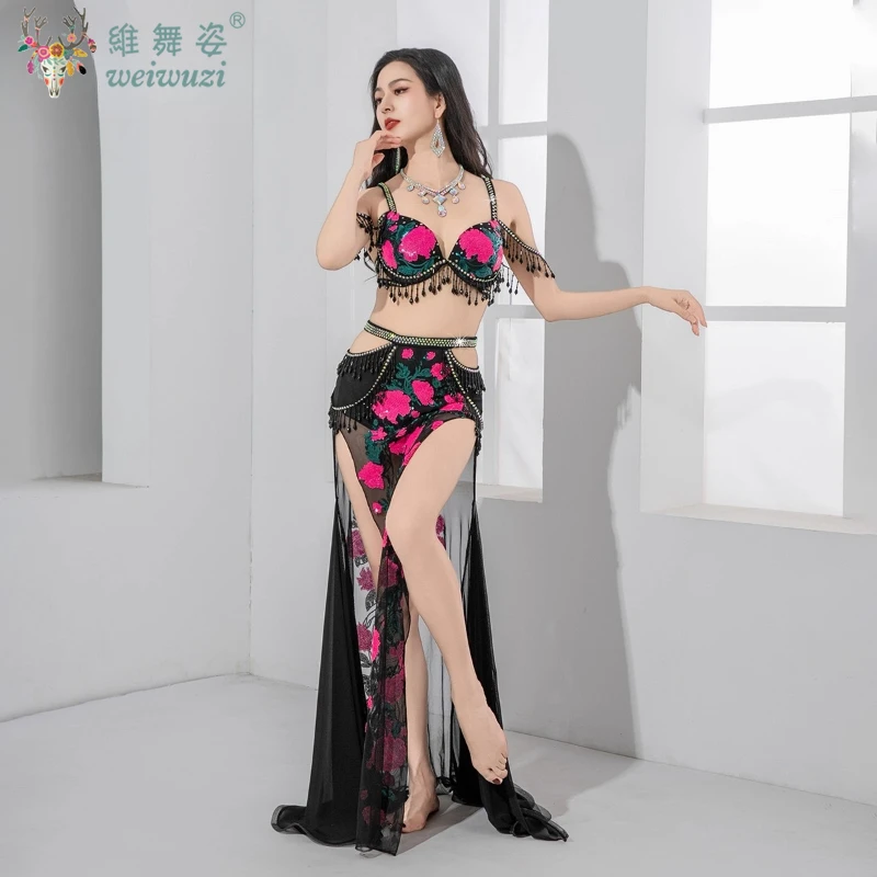Traje de performance de dança do ventre personalizado, lantejoulas sênior bordadas, contas de cristal, conjunto de borla, roupas de competição de dança oriental