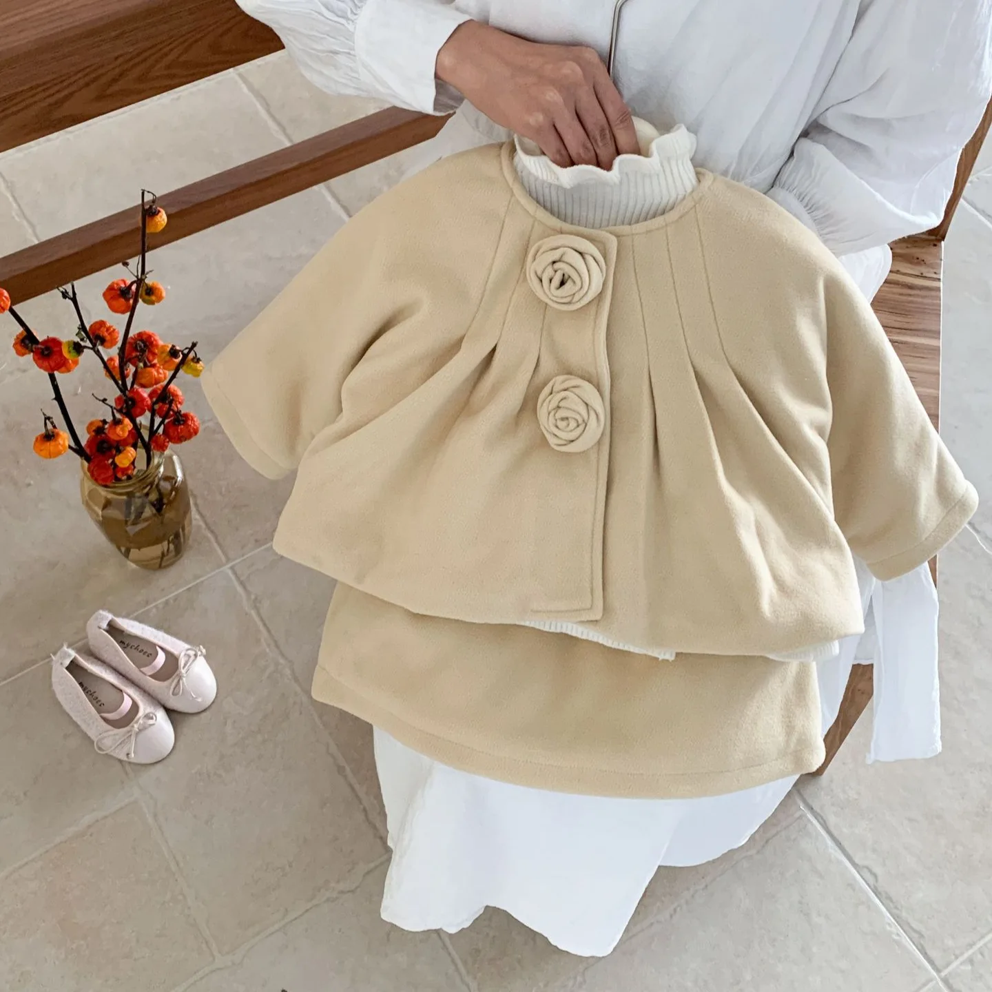 

Girls Set Autumn Winter 2025 New Children Thickened Flower Wool Coat Girls Baby Warm Winter Two Piece Set