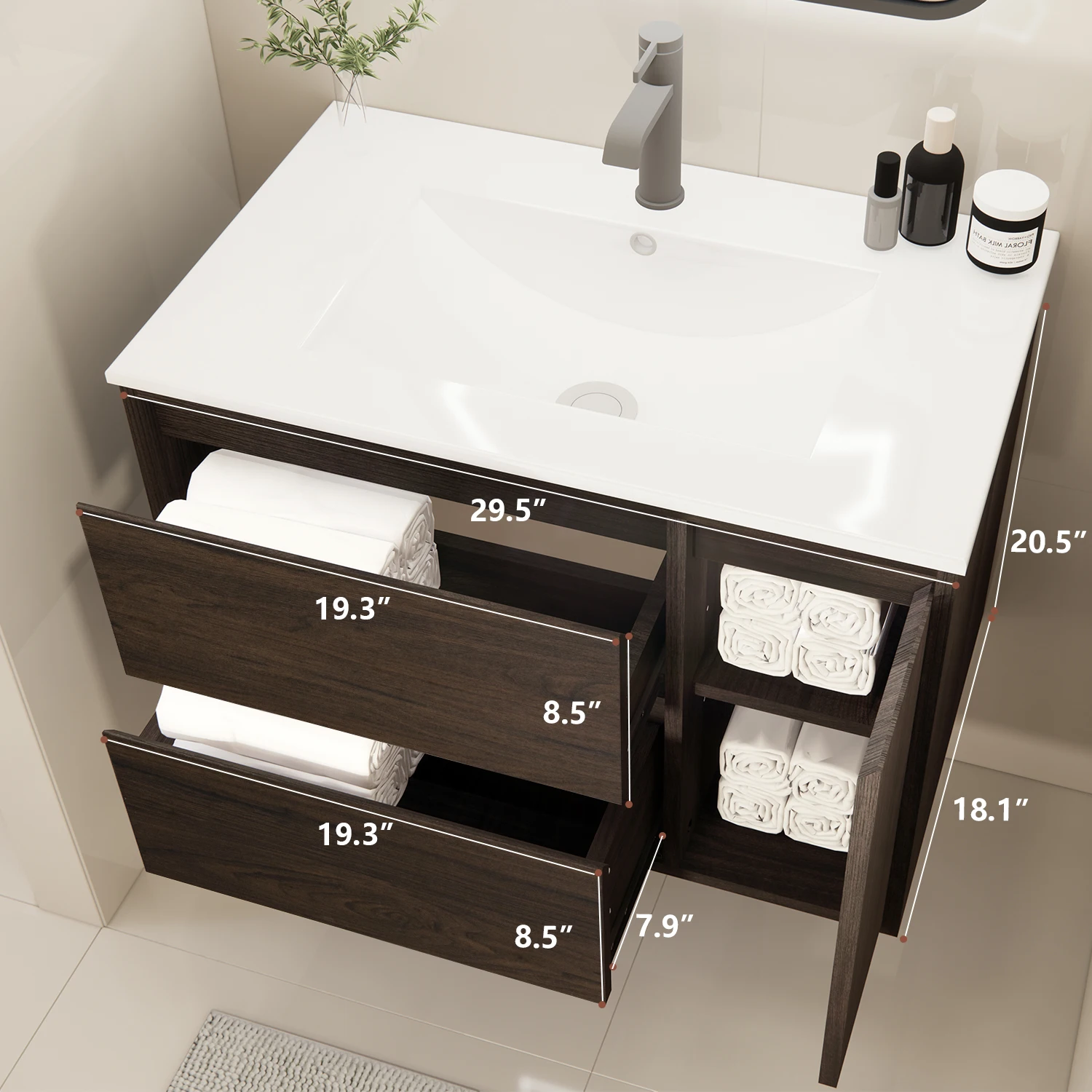 24/30/36 Inch Wall Mounted Bathroom Vanity Cabinet Double Drawer Modern Bathroom Base Cabinet Without Sink