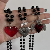 Large Red Glass Heart Rosary Necklace Black Beaded Charm Goth Punk Hip Hop Rock Jewelry Accessories Gift Pendant Choker