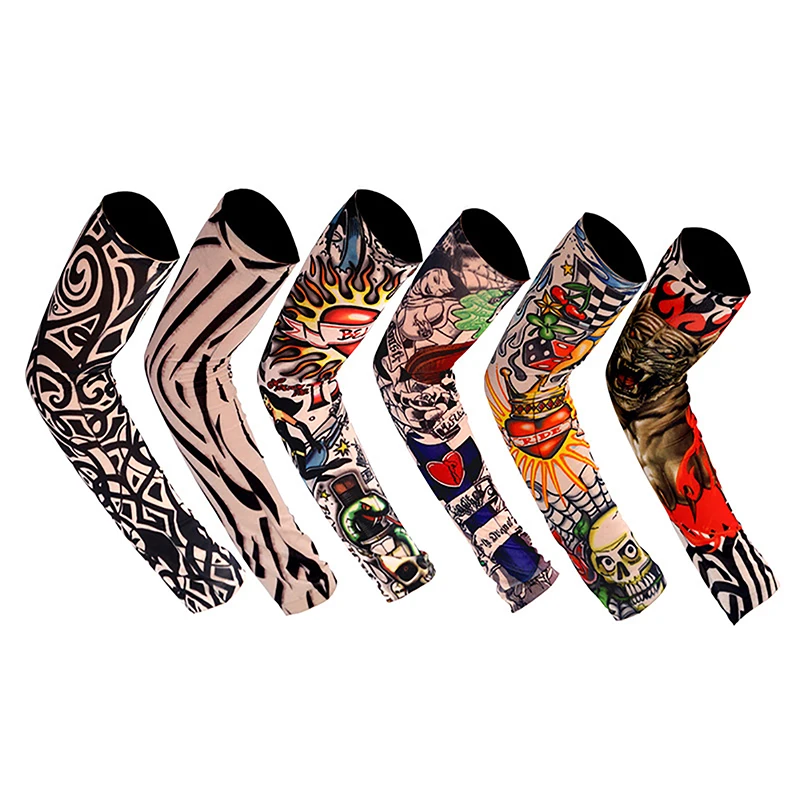 Long Fake Summer Tattoo Sleeves Sun Protection Cover Outdoor Gloves Driving Ice Silk Arm Sleeves