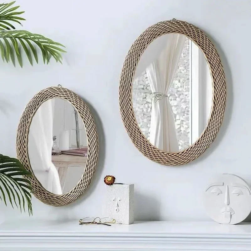 

Macrame Rattan Wall Mirror Luxury Vintage Aesthetic Living Room Home Design Cosmetic Round Mirror Vintage Spiegel Nordic Decor