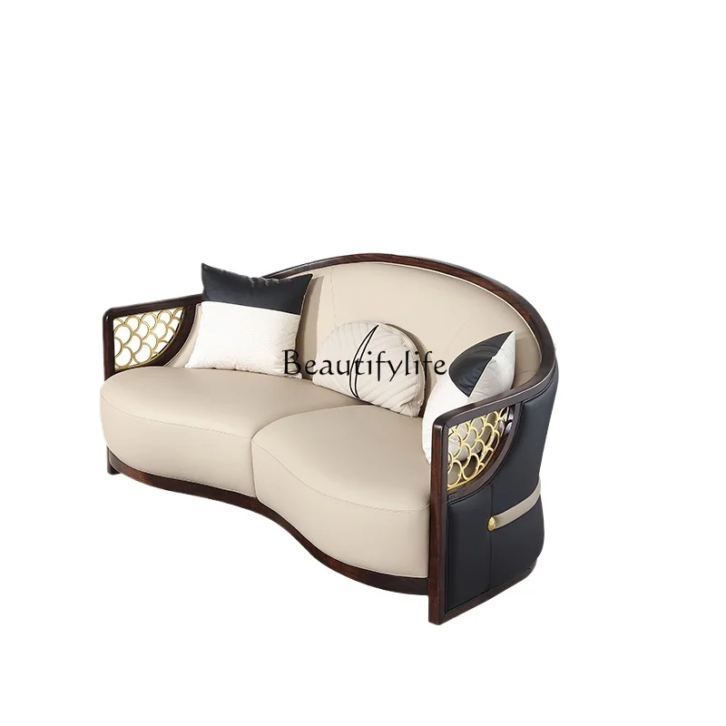 

Modern light luxury new Chinese ebony leather sofa combination solid wood high-end large apartment