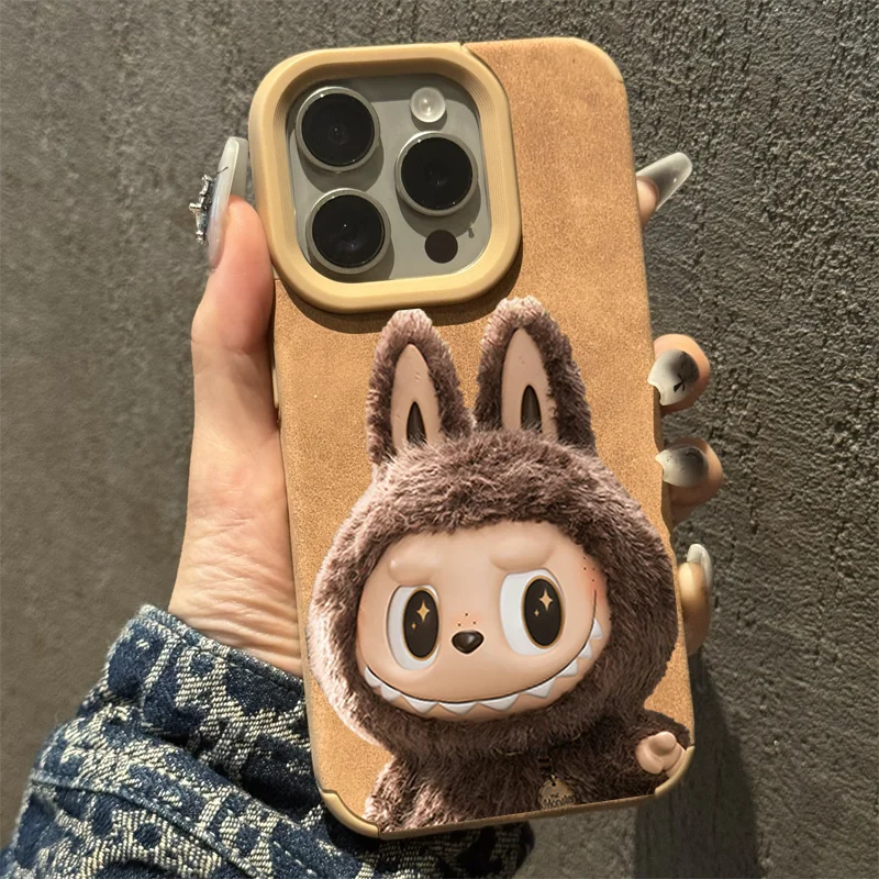 Silicone Suede Labubu Phone Case For Iphone 11 12 13 14 15 16pro Max Plus 16pro 15pro Diy Soft Brown Cover Coque Fall Prevention