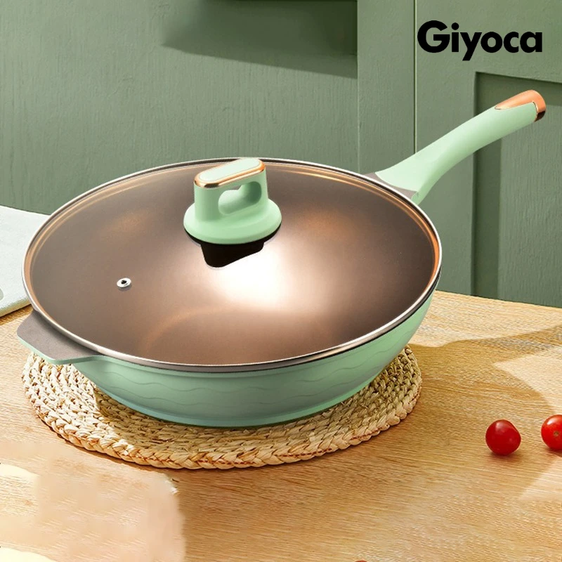 

Giyoca 32cm Non-stick Frying Pan Aluminum Woks with Glass Lid Home Skillet Composite Bottom Kitchen Cooking Pot Stove Universal