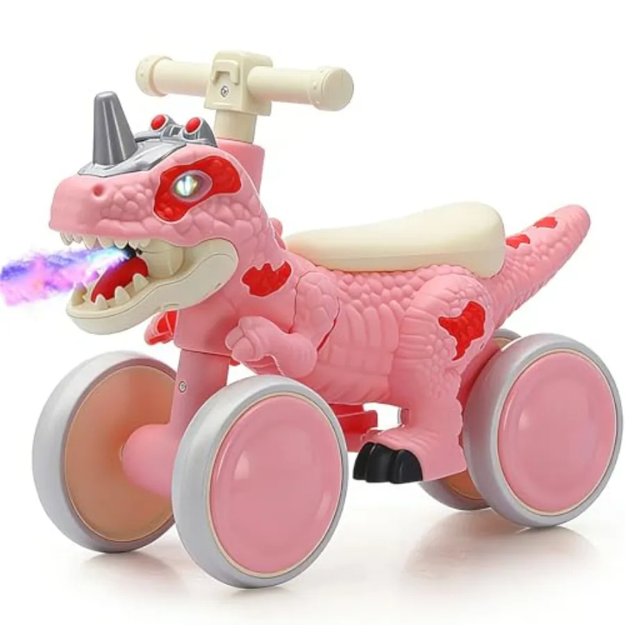 

Toddler balance bike for 1-3 year olds plastic dinosaur-themed ride-on toy in green with LED lights music and mist spray effect