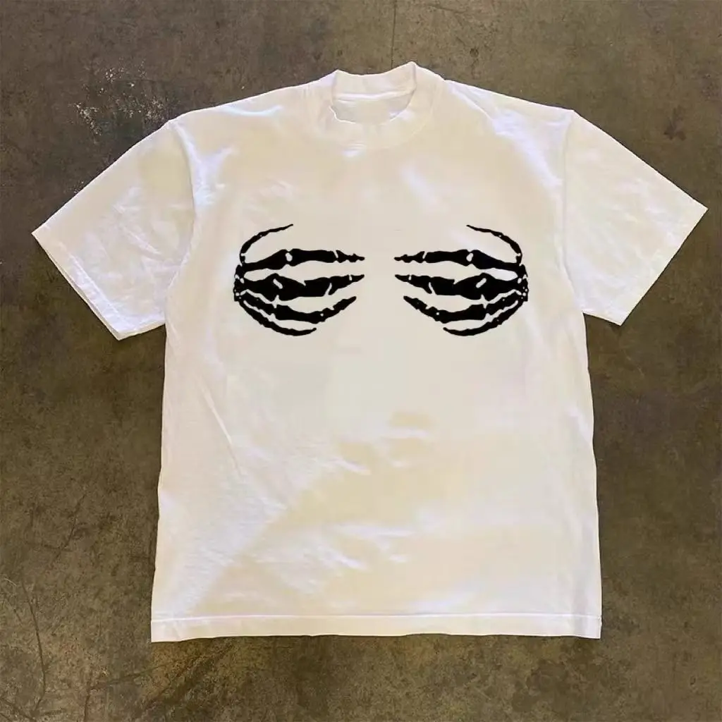 

American Skull Street Print Men Summer Couple on The Street, Loose Pure Cotton Short-sleeved T-shirts Cool Tops Trendy Brand Ins