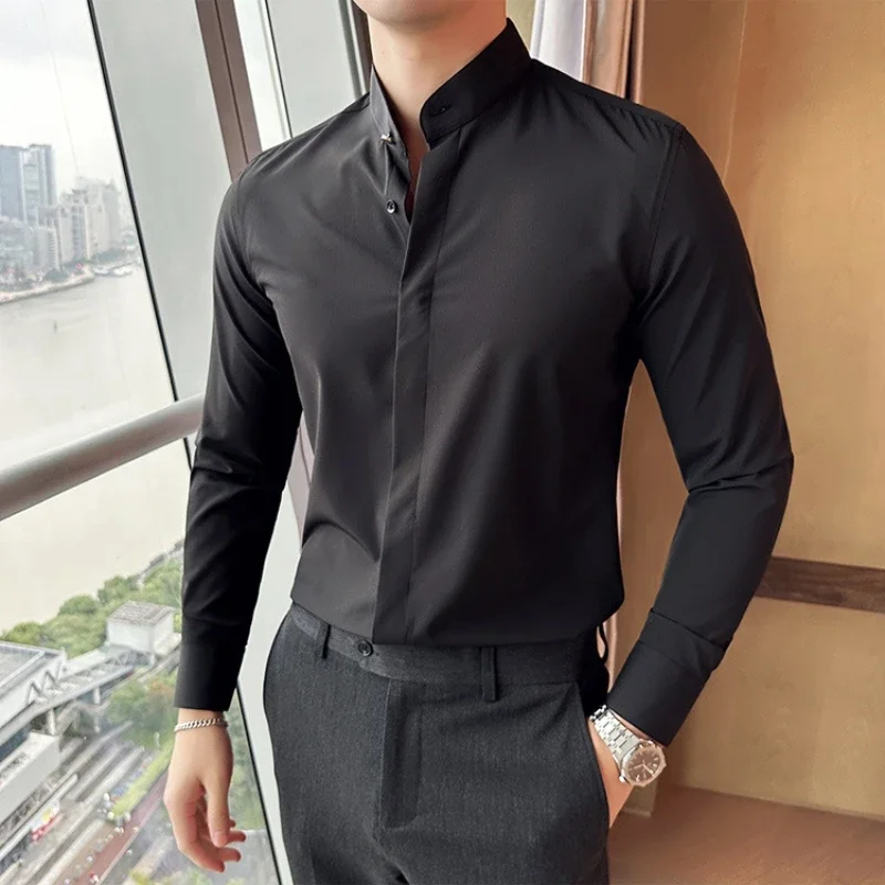 

2023 Autumn Stand Collar Striped Shirt Men Long Sleeve Slim Fit Casual Shirts Social Business Dress Shirt Party Tuxedo Blouse