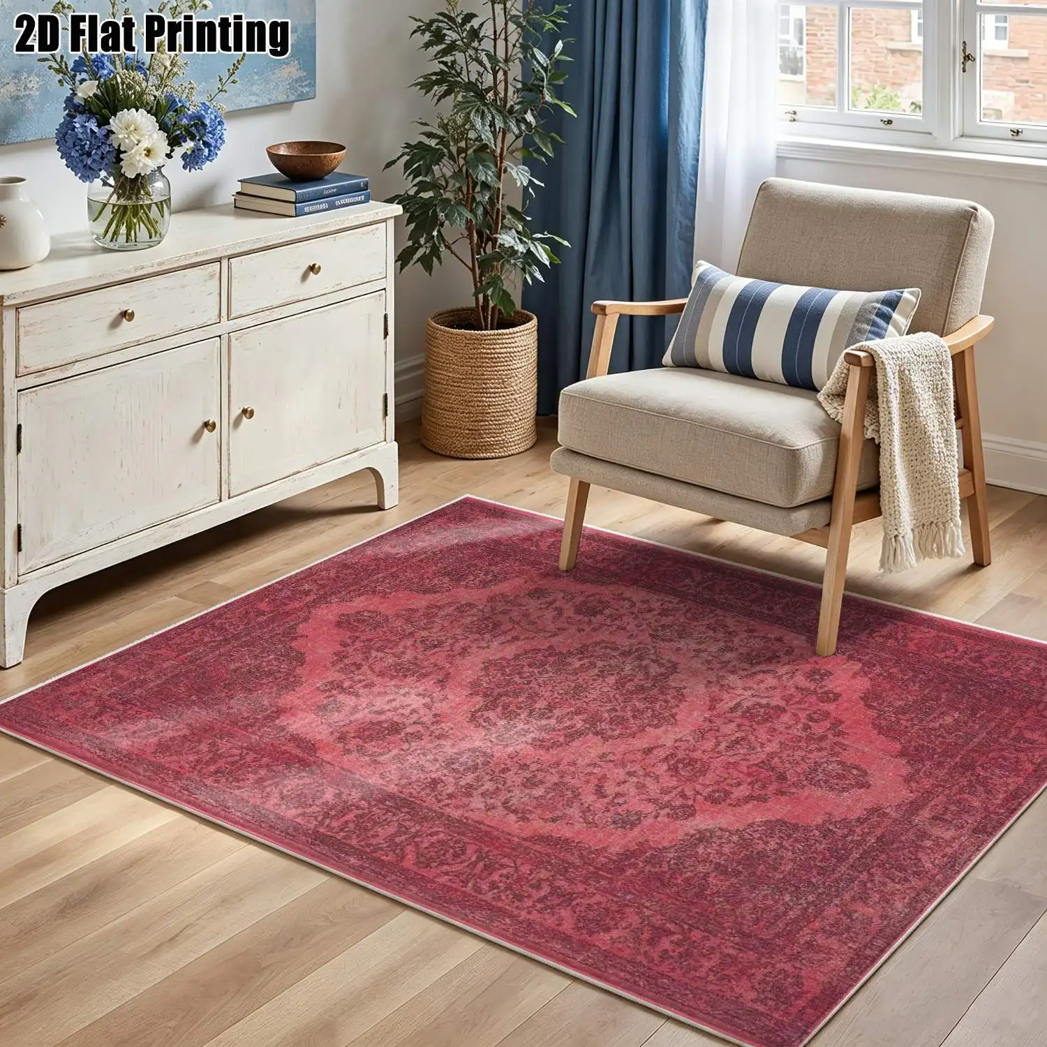 1Pc 2D Printed Retro Red-Brown Floral Velvet Carpet, European/Bohemian/Geometric Style, Machine Washable, Multi-Size Home Decor Rug for Entrance, Dining, Foyer, Bedroom, Living Room