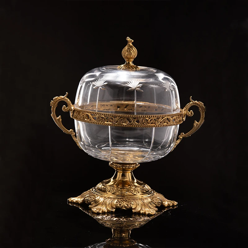 antique home decoration ceramic candy plate, brass tall feet, luxury French crystal craftsmanship and artistic fruit bowl