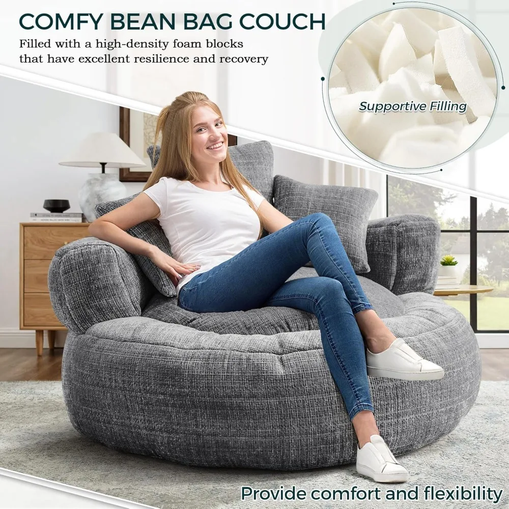 Bean Bag Chairs for Adults, Large Oversized Bean Bag Sofa Chairs Couch with Pillows, Stuffed Round Sofa Chair with Foam Filled