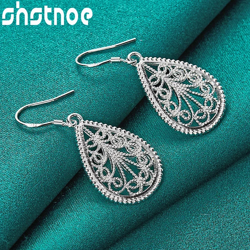 SHSTONE 925 Sterling Silver Water Droplet Pattern Drop Earrings For Women Party Birthday Engagement Wedding Trendy Charm Jewelry